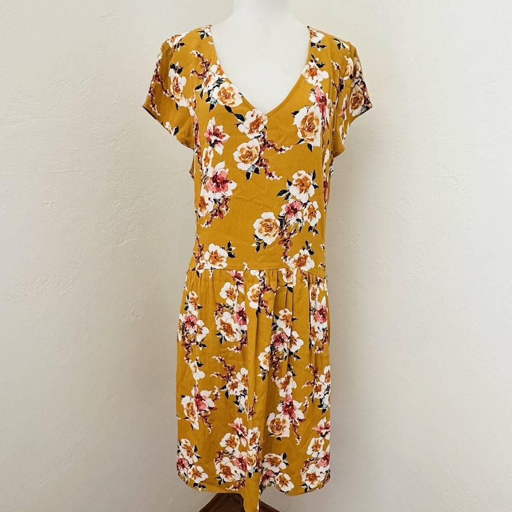 Garnet Hill Midi Dress Womens Sz 14 Mustard Yellow Floral Pockets Short Sleeve - Picture 2 of 13